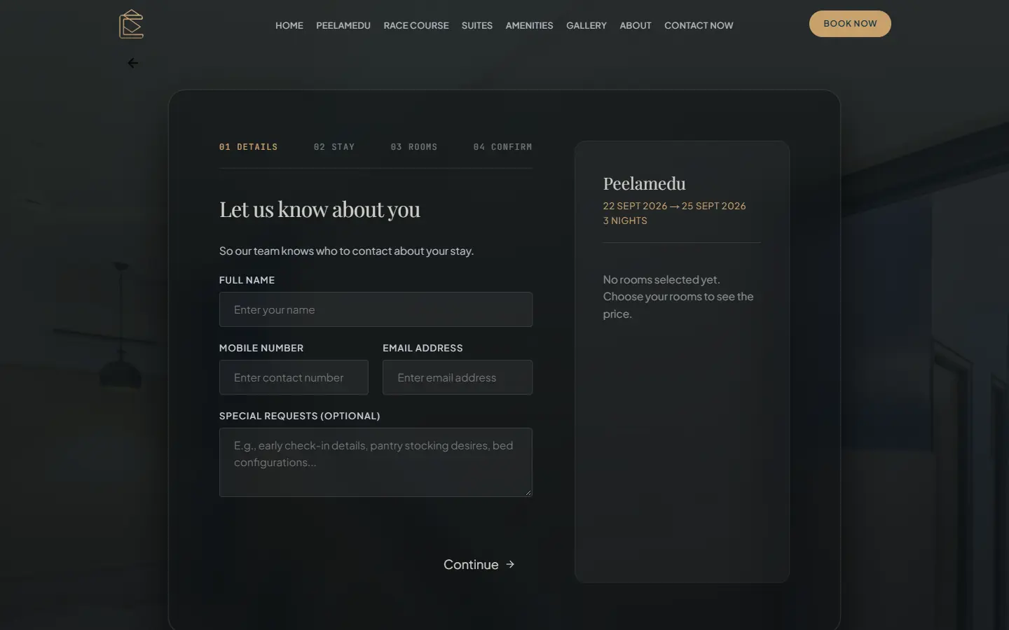 CornerStay booking flow: step one of four, guest details, with the stay summary alongside.