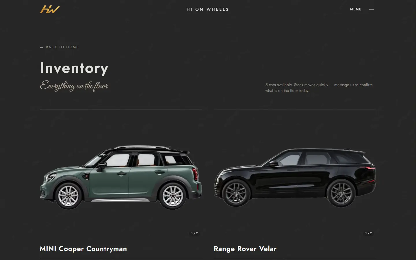 HiOnWheels inventory page listing the cars currently on the floor.