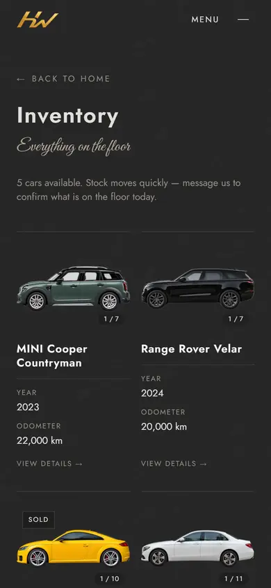 The inventory on a phone, with year and odometer for each car.