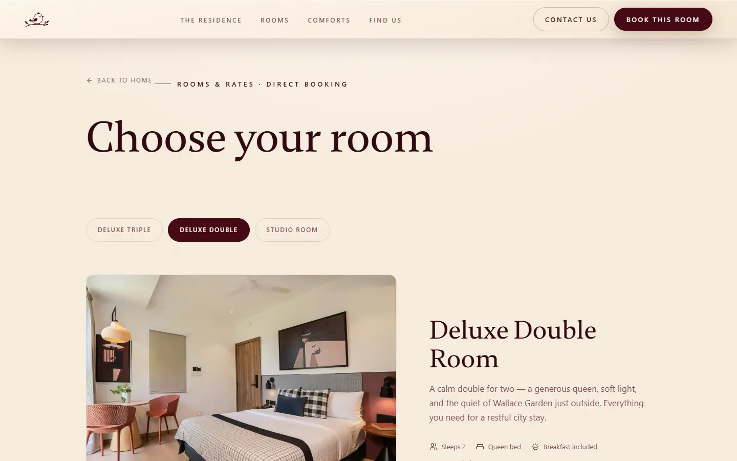 The Roost direct-booking page: Choose your room, with the Deluxe Double Room selected.